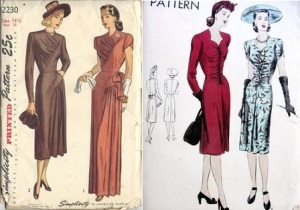 Simplicity 2230 yr 1947 ruched day or evening dress&Vogue #9691 1940s dress w sweetheart neck, shirred front