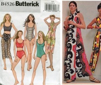 Butterick 4526 yr 1995 swimsuits and sarong wrap&1971 halter wrap sundress ad in directional fabric